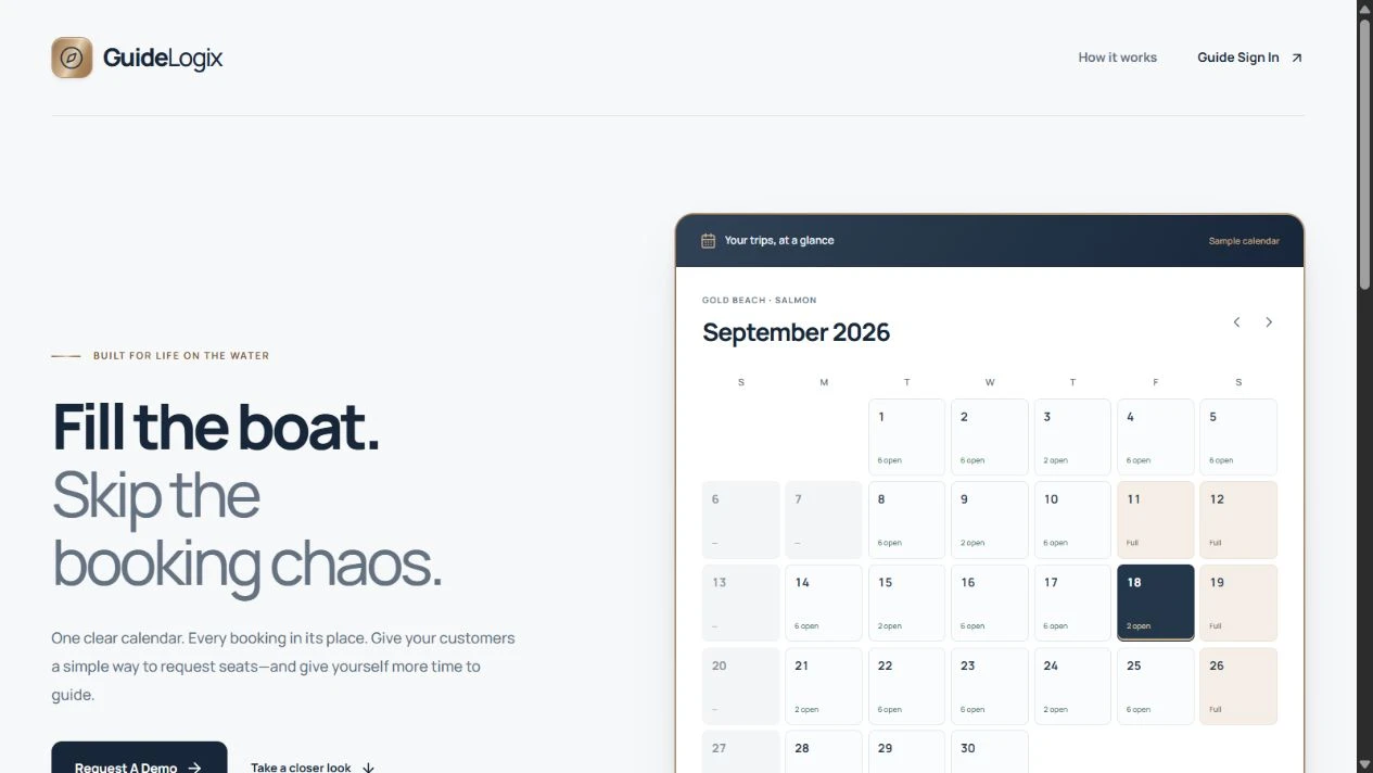 GuideLogix website with a sample availability calendar and booking workflow